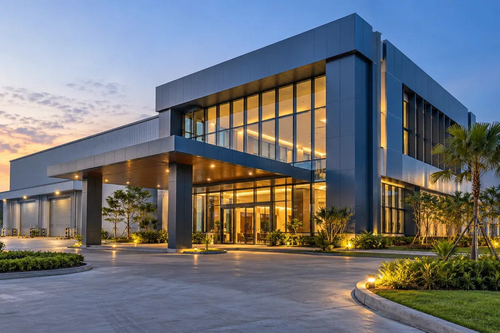 Ilustrasi gedung industri modern dengan fasad kaca dan logam