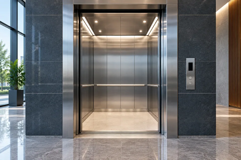 Ilustrasi elevator penumpang dengan kabin terbuka di lobi modern