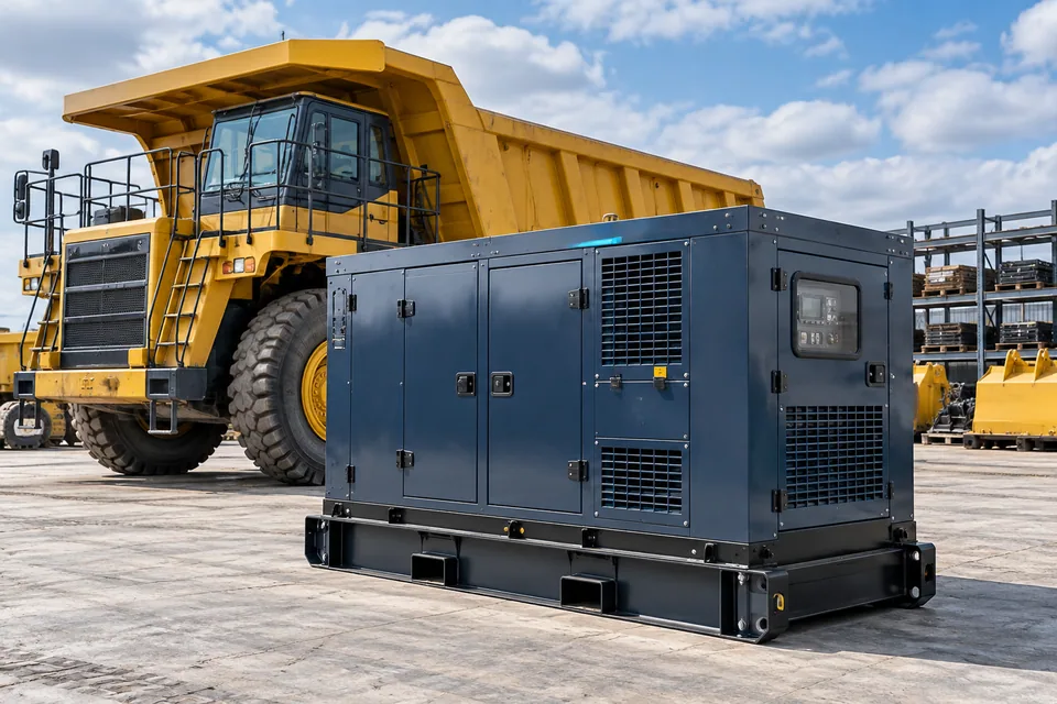 Ilustrasi truk industri dan generator di area logistik
