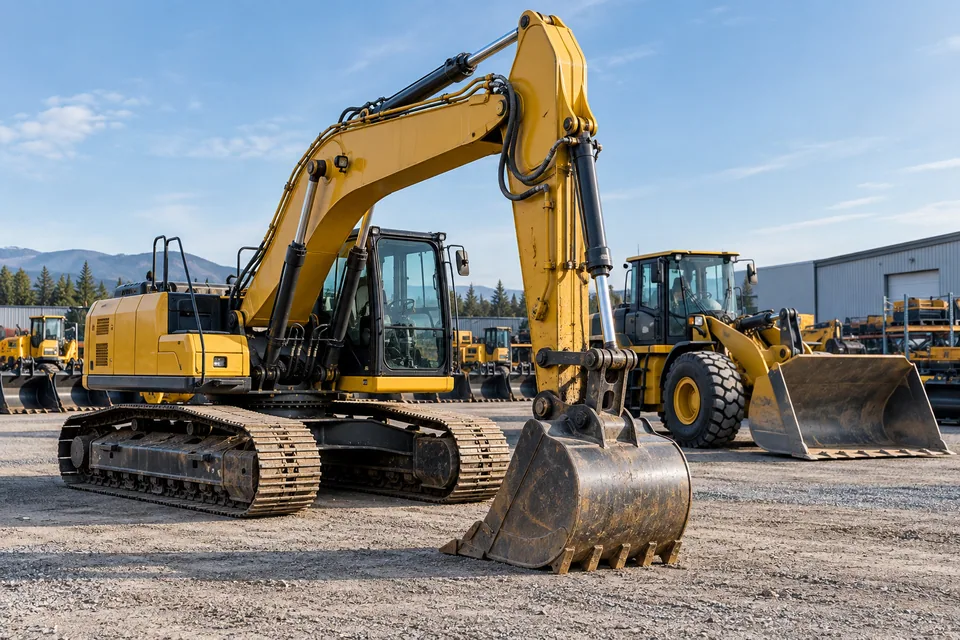 Ilustrasi ekskavator dan wheel loader di area penempatan alat berat